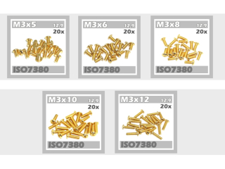 100x Linsenkopfschrauben M3x5 M3x6 M3x8 M3x10 M3x12 ISO7380 12,9 TIN gold
